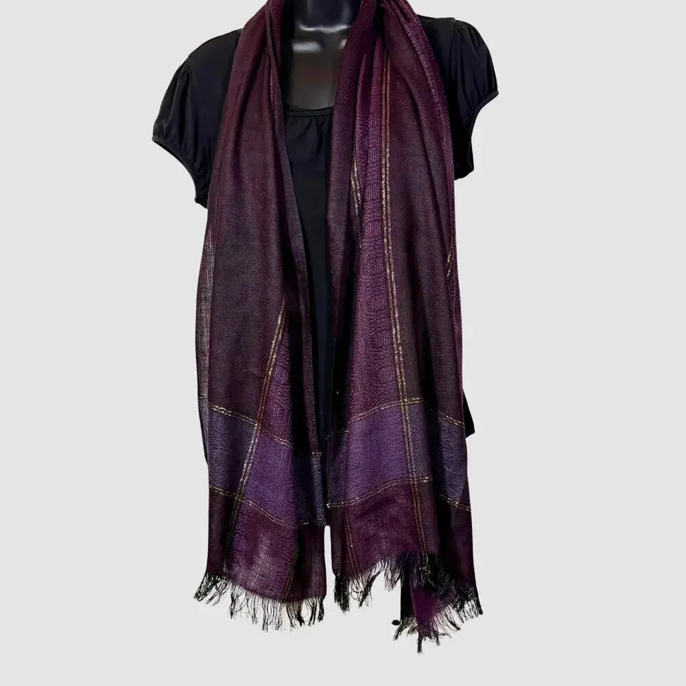 Purple Gold Woven Scarf Vintage Rectangle Scarf with Fringe Metallic 66 inch